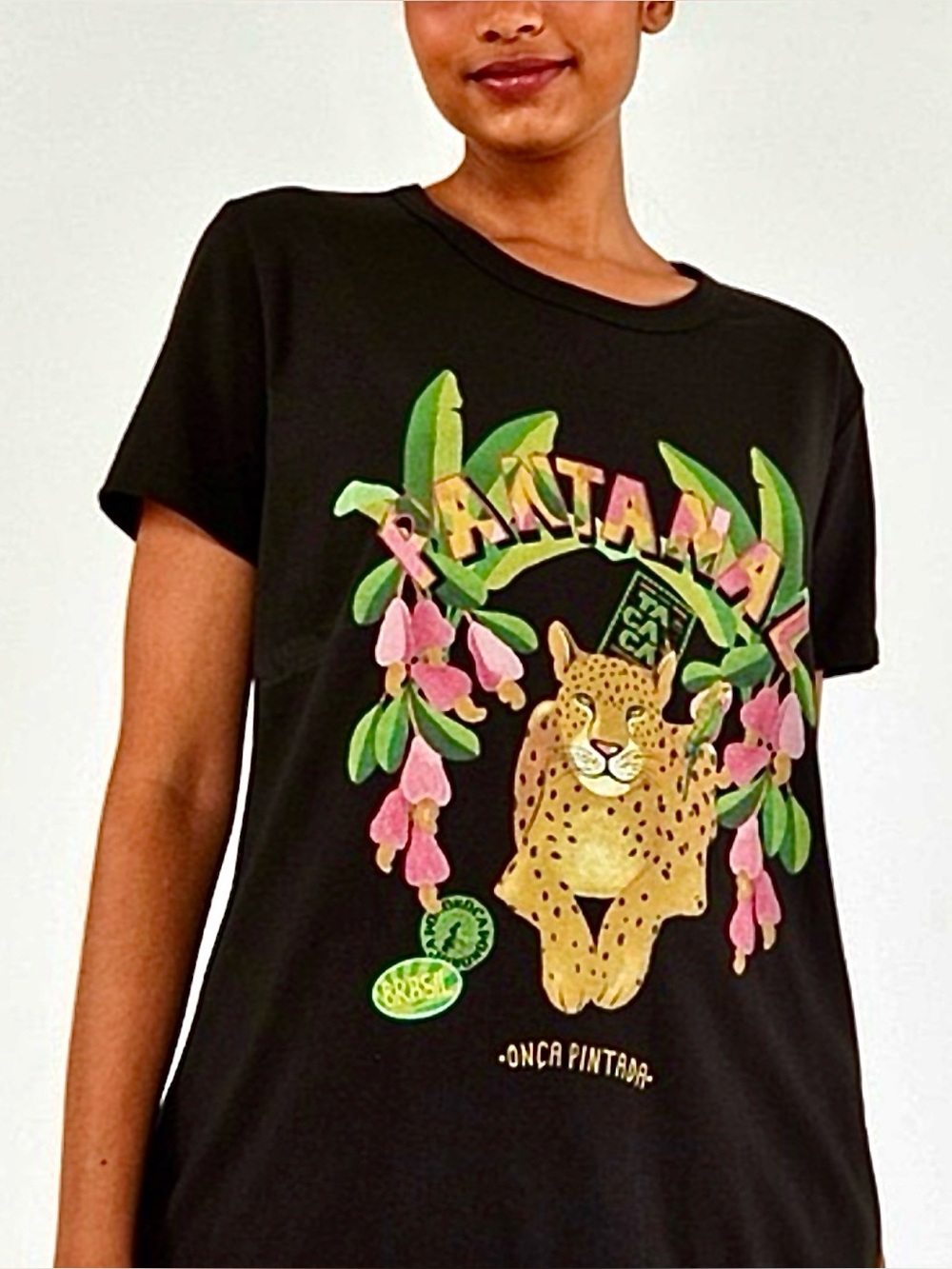 Farm Rio Black Tee with Pink & Green Floral Leopard Graphic. Size Large